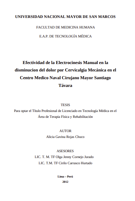 Efectividad de la Electrocinesis Manual en la disminucion del dolor por Cervicalgia Mecánica en el Centro Medico Naval