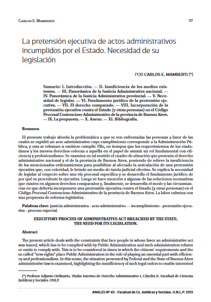 La pretensión ejecutiva de actos administrativos incumplidos por el Estado