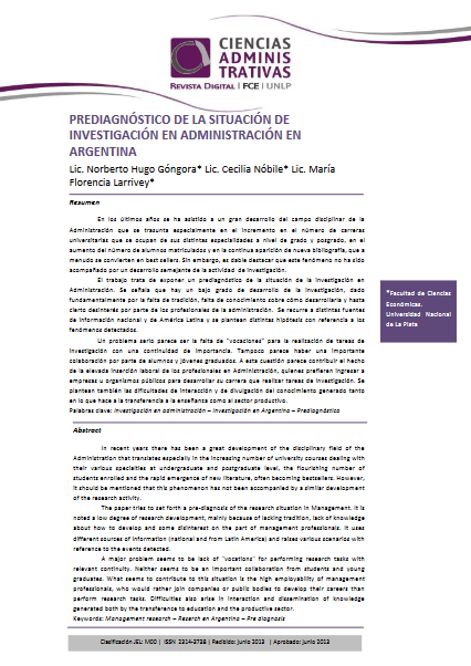 Prediagnóstico de la situación de investigación en Administración en Argentina