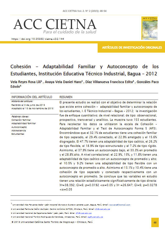 Cohesión - Adaptabilidad Familiar y Autoconcepto de los Estudiantes, Institución Educativa Técnico Industrial, Bagua - 2012