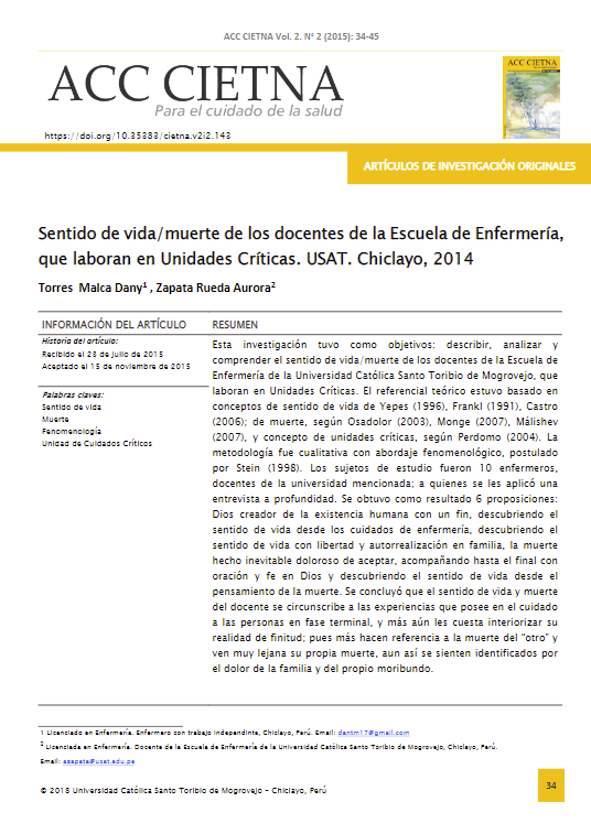 Sentido de vida/muerte de los docentes de la Escuela de Enfermería, que laboran en Unidades Críticas. USAT. Chiclayo, 2014