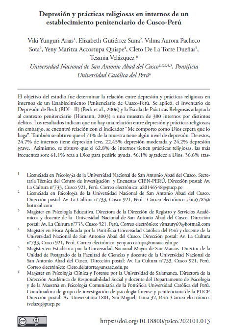 Depresión y prácticas religiosas en internos de un establecimiento penitenciario de Cusco-Perú