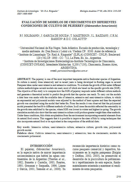 Evaluación de modelos de crecimiento de diferentes condiciones de cultivo de pejerrey