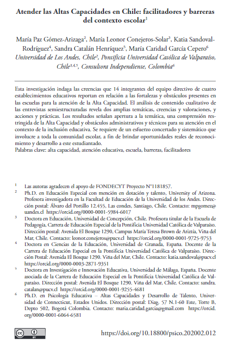 Atender las Altas Capacidades en Chile: facilitadores y barreras del contexto escolar