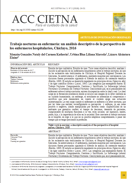 Trabajo nocturno en enfermería: un análisis descriptivo de la perspectiva de los enfermeros hospitalarios, Chiclayo, 2016