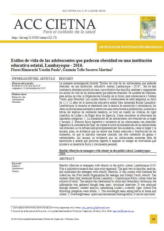 Estilos de vida de las adolescentes que padecen obesidad en una institución educativa estatal, Lambayeque - 2016.