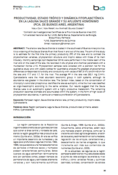 Productividad, estado trófico y dinámica fitoplanctónica en la laguna Sauce Grande y su afluente homónimo