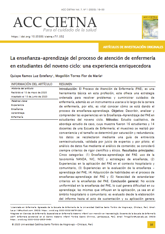 La enseñanza-aprendizaje del proceso de atención de enfermería en estudiantes del noveno ciclo: una experiencia enriquecedora