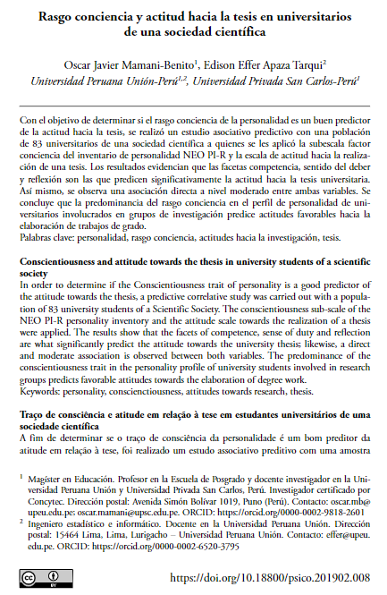 Rasgo conciencia y actitud hacia la tesis en universitarios de una sociedad científica