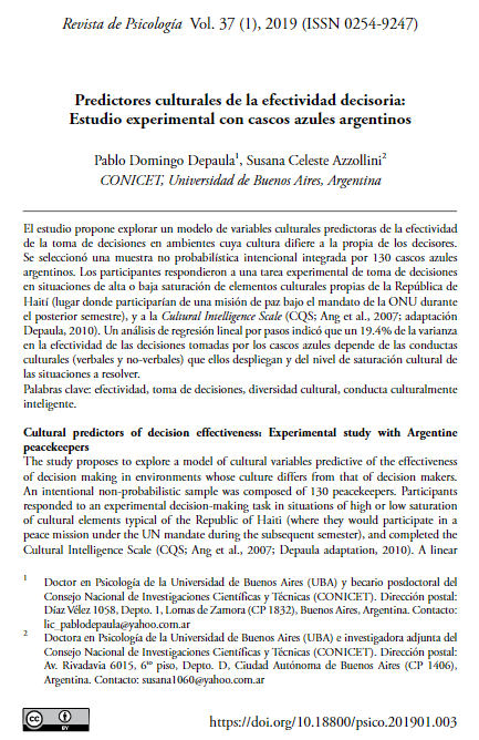 Predictores culturales de la efectividad decisoria: Estudio experimental con cascos azules argentinos