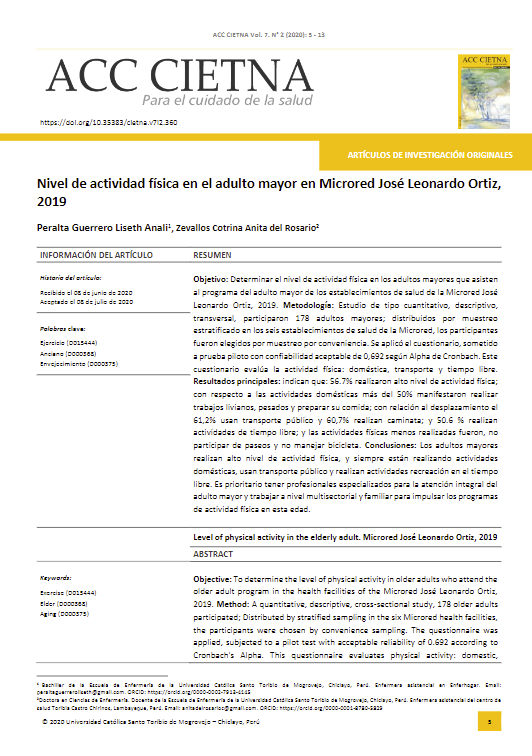 Nivel de actividad física en el adulto mayor en Microred José Leonardo Ortiz, 2019