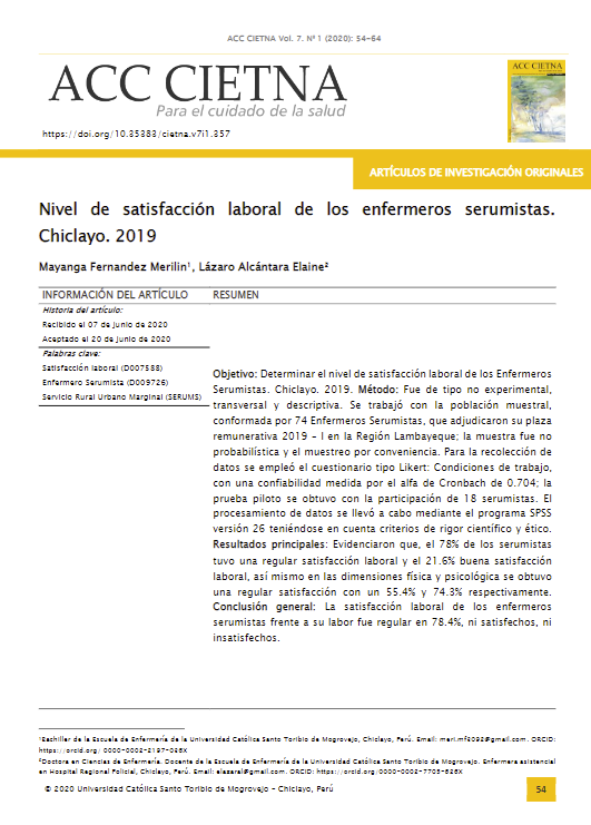 Nivel de satisfacción laboral de los enfermeros serumistas, Chiclayo 2019