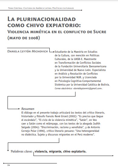 La plurinacionalidad como chivo expiatorio: Violencia mimética en el conflicto de Sucre (mayo de 2008)