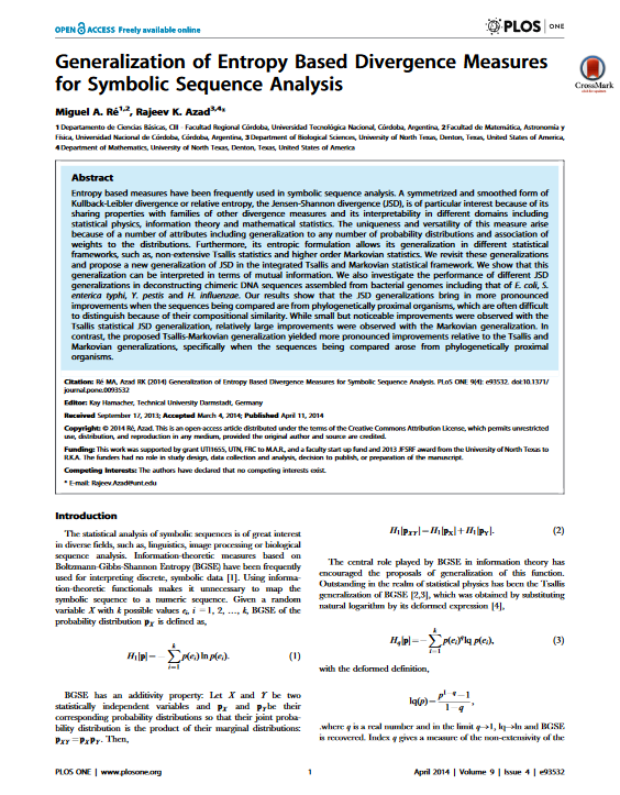 Generalization of entropy based divergence measures for symbolic sequence analysis