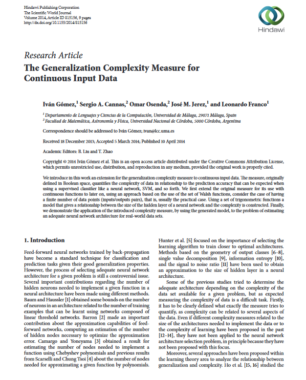 The generalization complexity measure for continuous input data