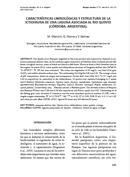 Características limnológicas y estructura de la ictiofauna de una laguna asociada al Río Quinto