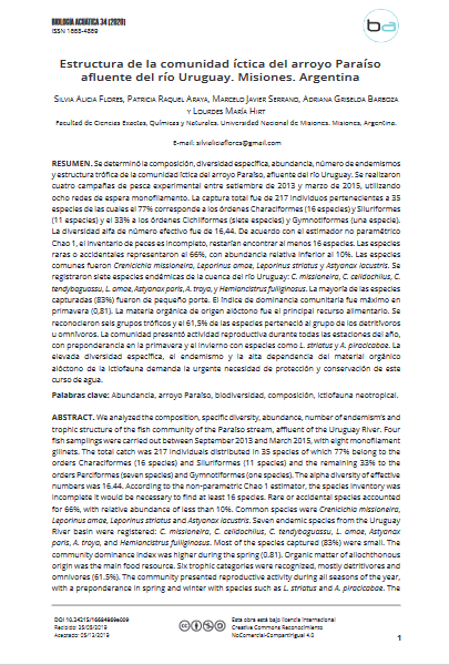 Estructura de la comunidad íctica del arroyo Paraíso afluente del río Uruguay