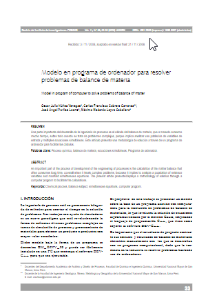 Modelo en programa de ordenador para resolver problemas de balance de materia