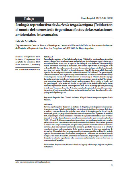 Ecología reproductiva de Aurivela tergolaevigata (Teiidae) en el monte del noroeste de Argentina