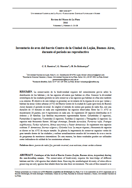 Inventario de aves del barrio Centro de la ciudad de Luján, Buenos Aires, durante el período no reproductivo