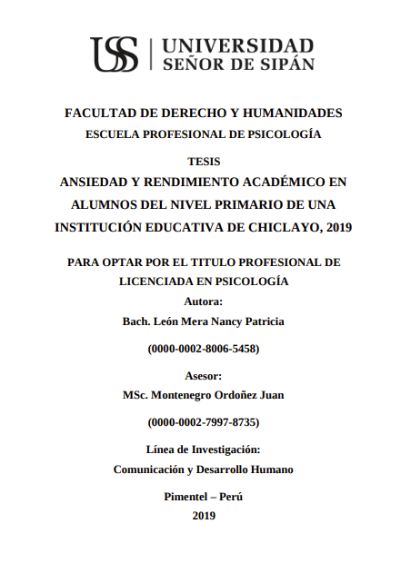 Ansiedad y rendimiento académico en alumnos del nivel primario de una institución educativa de Chiclayo, 2019