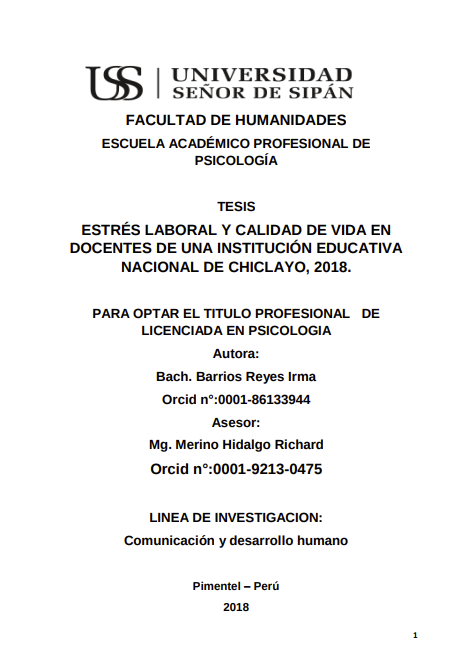 Estrés laboral y calidad de vida en docentes de una institución educativa nacional de Chiclayo, 2018