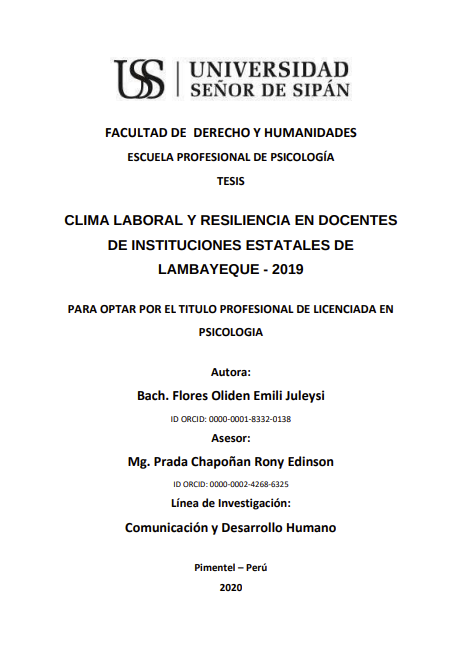 Clima laboral y resiliencia en docentes de instituciones estatales de Lambayeque - 2019