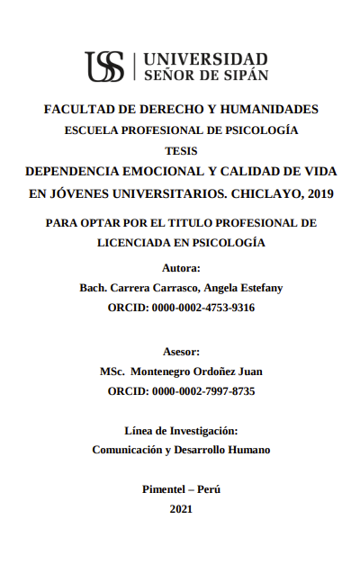 Dependencia emocional y calidad de vida en jóvenes universitarios. Chiclayo, 2019