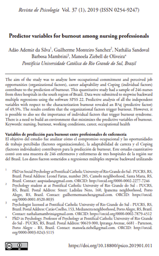 Predictor variables for burnout among nursing professionals