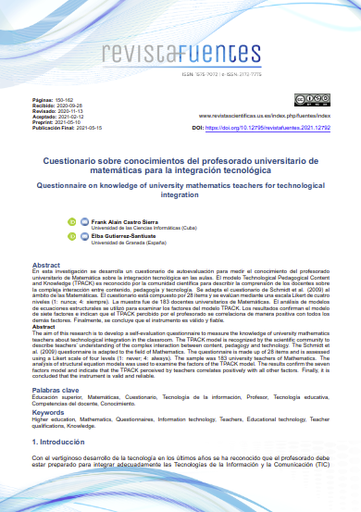 Cuestionario sobre conocimientos del profesorado universitario de matemáticas para la integración tecnológica