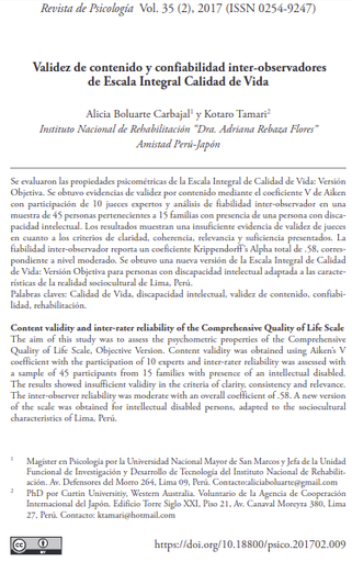 Validez de contenido y confiabilidad inter-observadores de Escala Integral Calidad de Vida