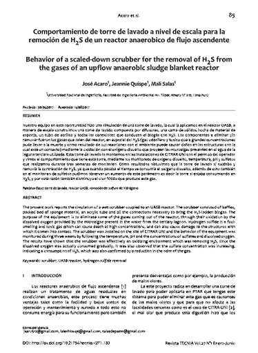 Comportamiento de torre de lavado a nivel de escala para la remoción de H2S de un reactor anaerobico de flujo ascendente