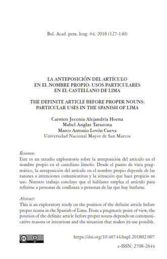 La anteposición del artículo en el nombre propio: Usos particulares en el castellano de Lima