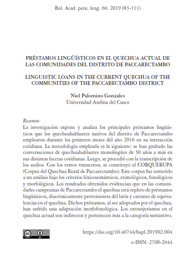 Préstamos lingüísticos en el quechua actual de las comunidades del distrito de Paccarectambo
