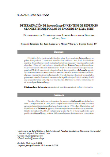 DETERMINACIÓN DE Salmonella spp EN CENTROS DE BENEFICIO CLANDESTINO DE POLLOS DE ENGORDE EN LIMA, PERÚ