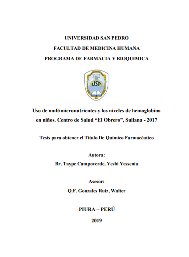 Uso de multimicronutrientes y los niveles de hemoglobina en niños. Centro de Salud &quot;El Obrero&quot;, Sullana - 2017