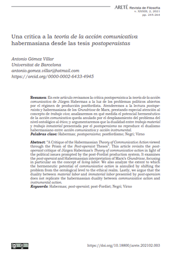 Una crítica a la teoría de la acción comunicativa habermasiana desde las tesis postoperaistas