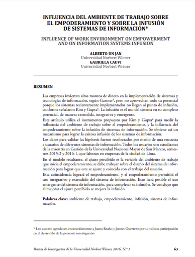 Influencia del ambiente de trabajo sobre el empoderamiento y sobre la infusión del sistema de información