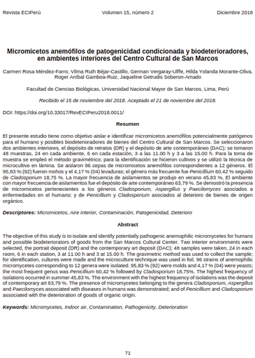 Micromicetos anemófilos de patogenicidad condicionada y biodeterioradores, en ambientes interiores del Centro Cultural de San Marcos