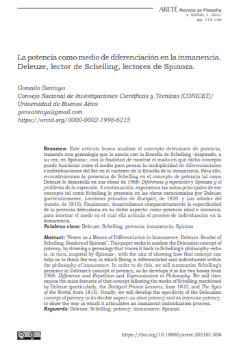 La potencia como medio de diferenciación en la inmanencia. Deleuze, lector de Schelling, lectores de Spinoza