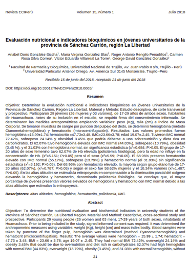 Evaluación nutricional e indicadores bioquimicos en jóvenes universitarios de la provincia de Sánchez Carrión