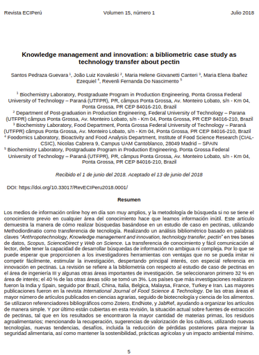 Knowledge management and innovation: a bibliometric case study as technology transfer about pectin