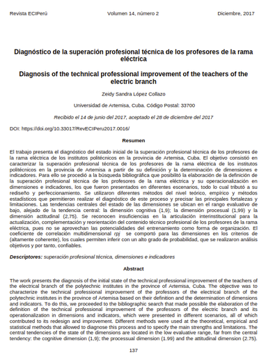 Diagnóstico de la superación profesional técnica de los profesores de la rama eléctrica