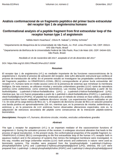 Análisis conformacional de un fragmento peptídico del primer bucle extracelular del receptor tipo 1 de angiotensina humano