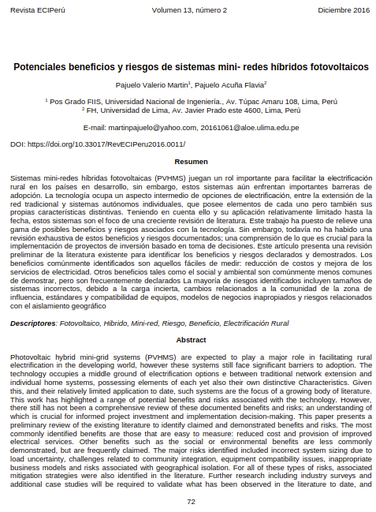 Potenciales beneficios y riesgos de sistemas mini- redes híbridos fotovoltaicos