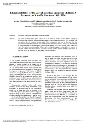 Educational robot for the care of infectious diseases in children: A review of the scientific literature 2010 - 2020