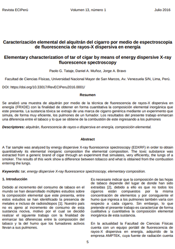 Caracterización elemental del alquitrán del cigarro por medio de espectroscopia de fluorescencia de rayos-X dispersiva en energía