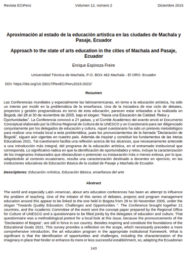 Aproximación al estado de la educación artística en las ciudades de Machala y Pasaje, Ecuador