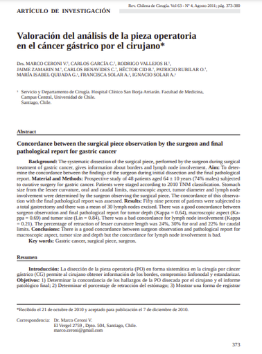 Valoración del análisis de la pieza operatoria en el cáncer gástrico por el cirujano