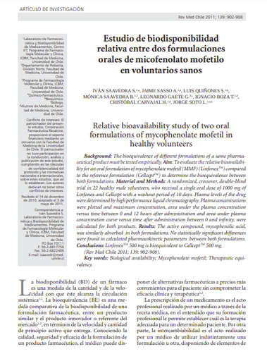 Estudio de biodisponibilidad relativa entre dos formulaciones orales de micofenolato mofetilo en voluntarios sanos